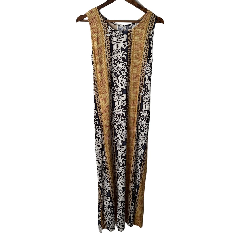 VTG Island X Hawaii Women Large Black Gold Floral Rayon Maxi Dress Sleeveless‎
